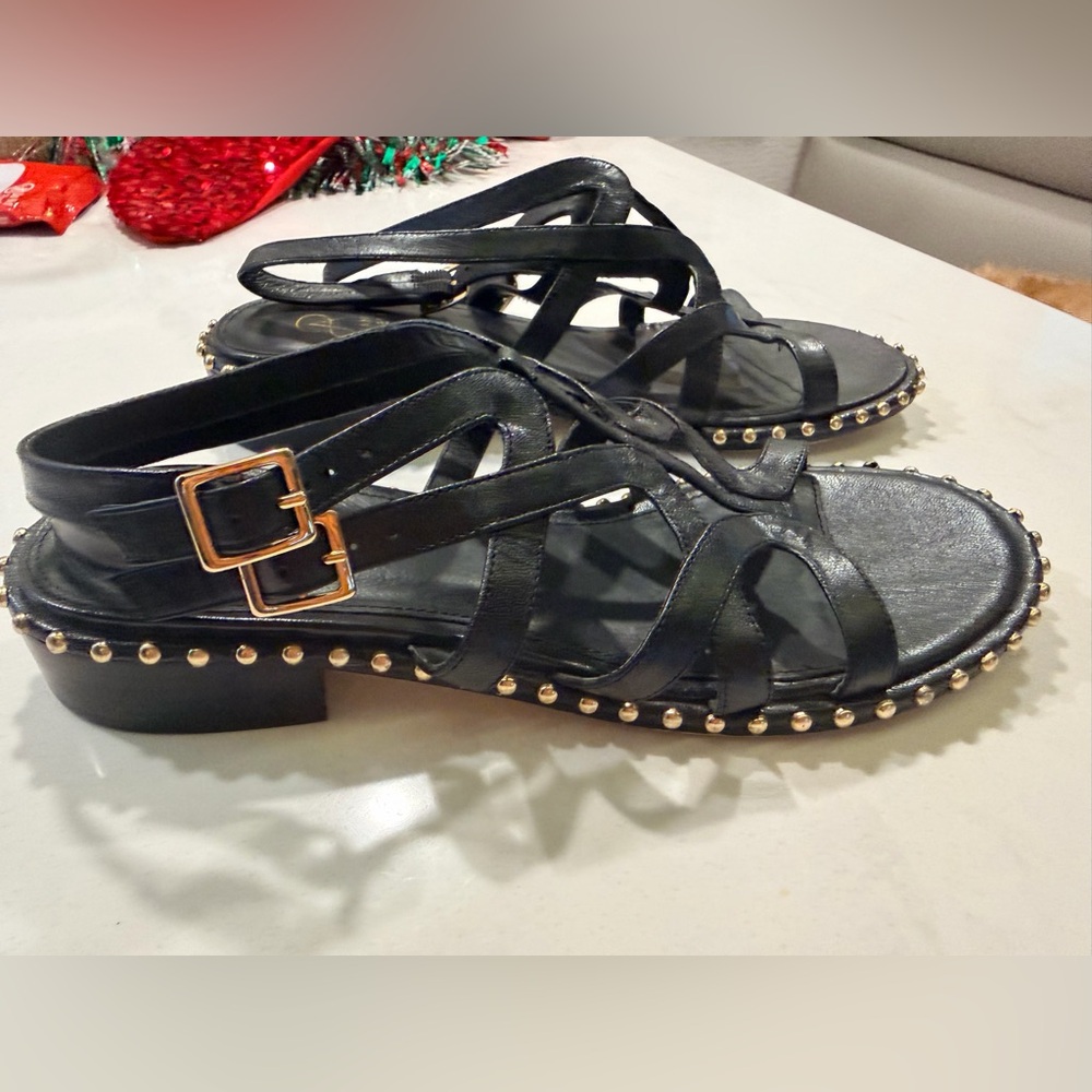 Adrianna Papell Black Strappy Sandals with Gold Accents 8.5